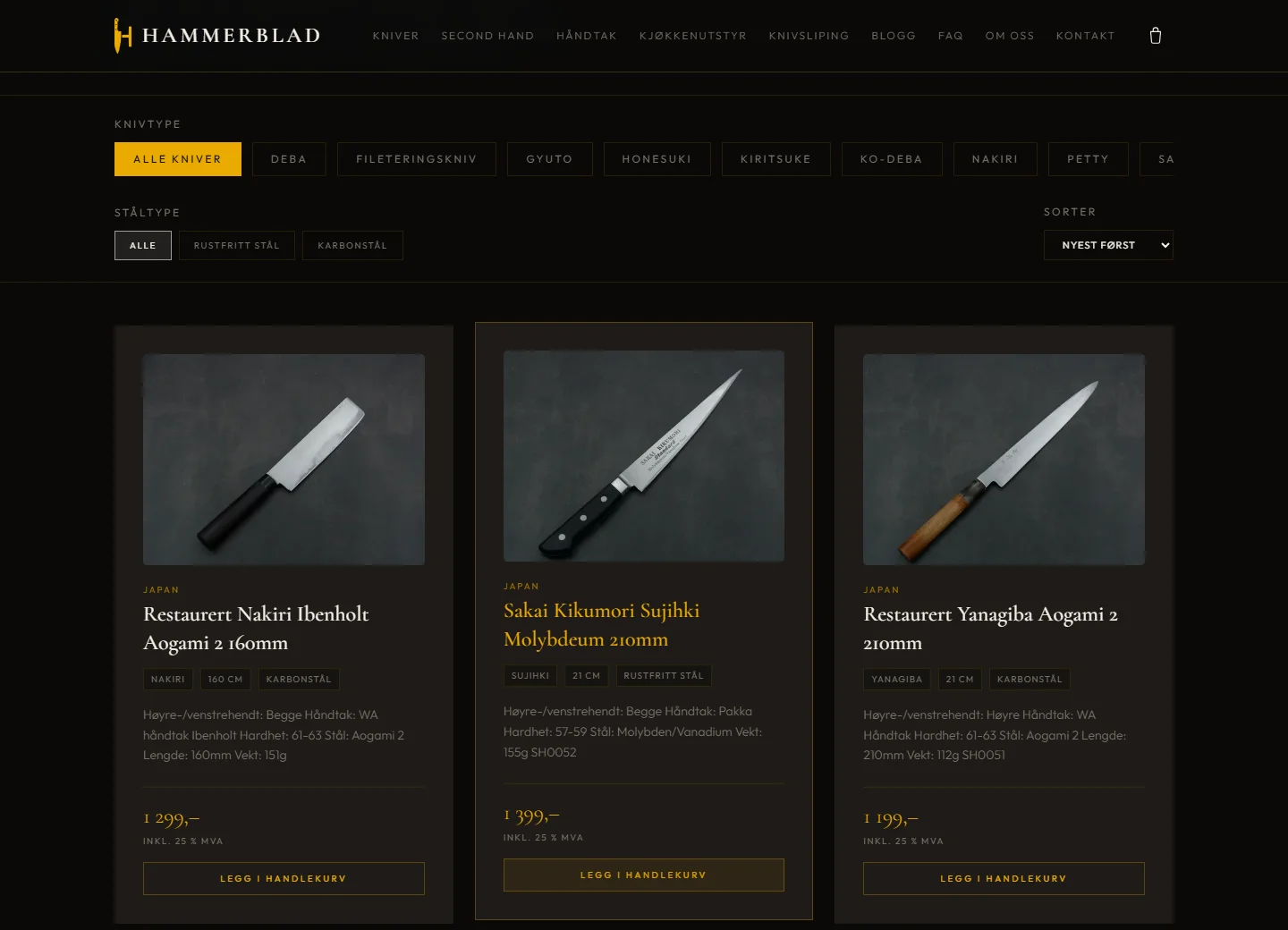 Hammerblads nettbutikk med japanske kniver.