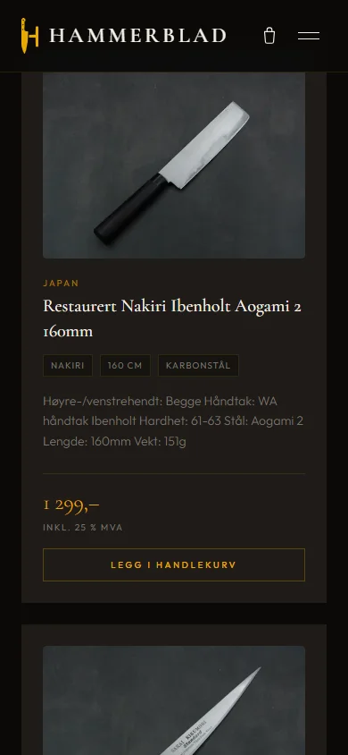 Kniv, pris og kjøpsknapp i Hammerblads mobilbutikk.
