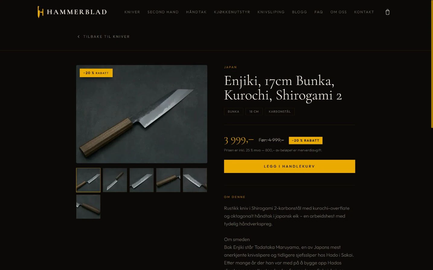 Hammerblads produktside med store knivbilder, materialer, pris og kjøpsknapp.